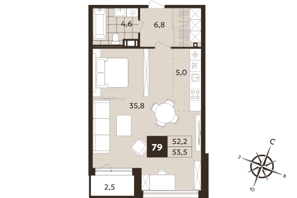 Квартира-студия, 52.2 м² в ЖК "Дом на Бронницкой" - планировка, фото №1