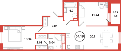 3-комнатная (Евро) квартира, 64.19 м² в ЖК "Энфилд" - планировка, фото №1