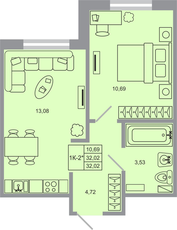 1-комнатная квартира, 32.02 м² - планировка, фото №1