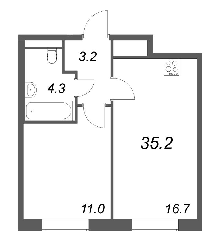 2-комнатная (Евро) квартира, 35.2 м² в ЖК "Большая Охта" - планировка, фото №1