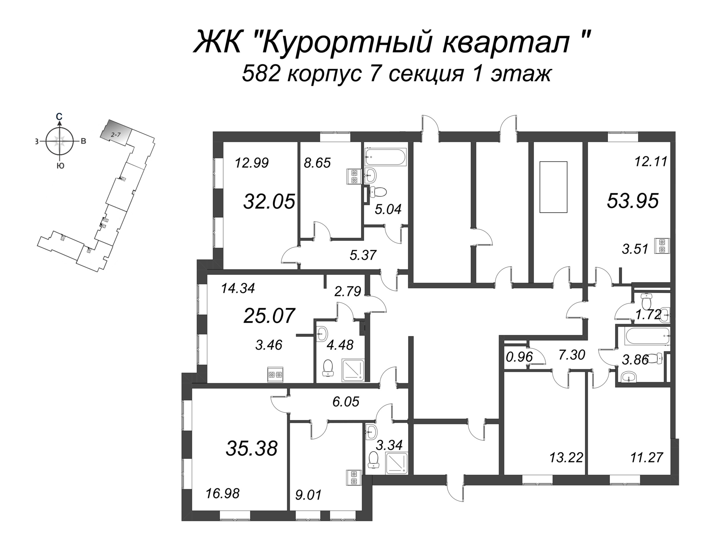Квартира-студия, 25.07 м² в ЖК "Курортный Квартал" - планировка этажа