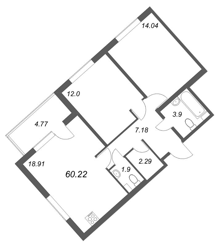 3-комнатная (Евро) квартира, 60.22 м² в ЖК "Любоград" - планировка, фото №1