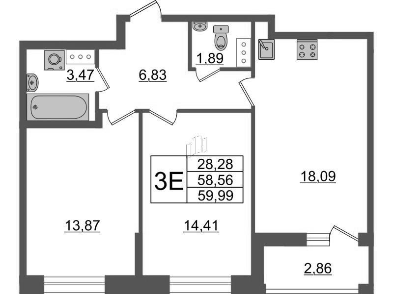 3-комнатная (Евро) квартира, 59.99 м² - планировка, фото №1