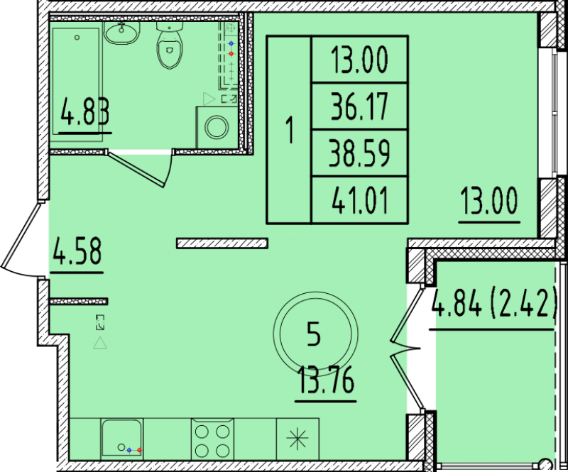 1-комнатная квартира, 36.17 м² в ЖК "Образцовый квартал 17" - планировка, фото №1
