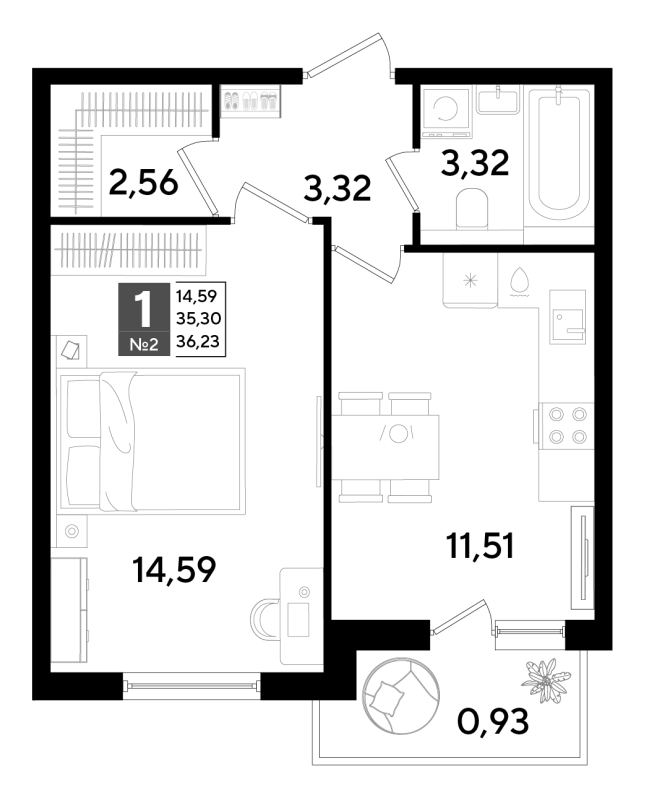1-комнатная квартира, 35.57 м² в ЖК "Догма Юкки" - планировка, фото №1