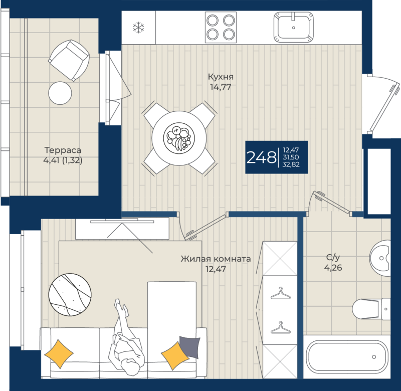 1-комнатная квартира, 32.82 м² в ЖК "Новатория" - планировка, фото №1