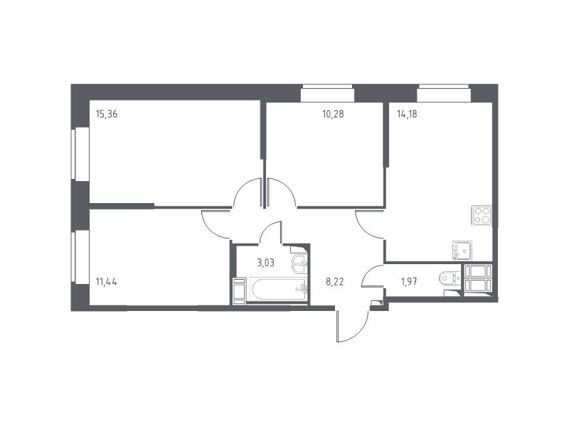 3-комнатная квартира, 64.1 м² в ЖК "Новое Колпино" - планировка, фото №1