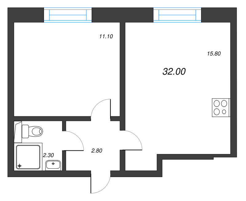 2-комнатная (Евро) квартира, 32 м² в ЖК "ЛСР. Ржевский парк" - планировка, фото №1