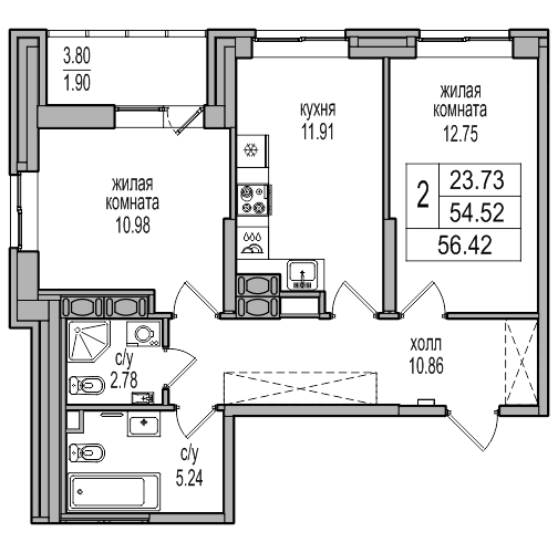 2-комнатная квартира, 55.8 м² в ЖК "Северная Долина" - планировка, фото №1