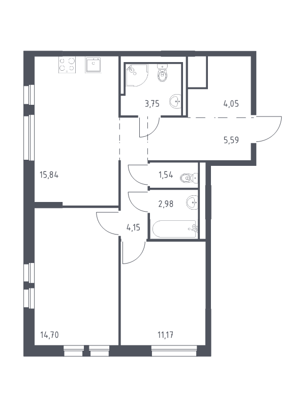 3-комнатная (Евро) квартира, 63.77 м² в ЖК "Невская Долина" - планировка, фото №1
