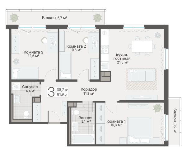 4-комнатная (Евро) квартира, 81.9 м² в ЖК "Руднева 15" - планировка, фото №1