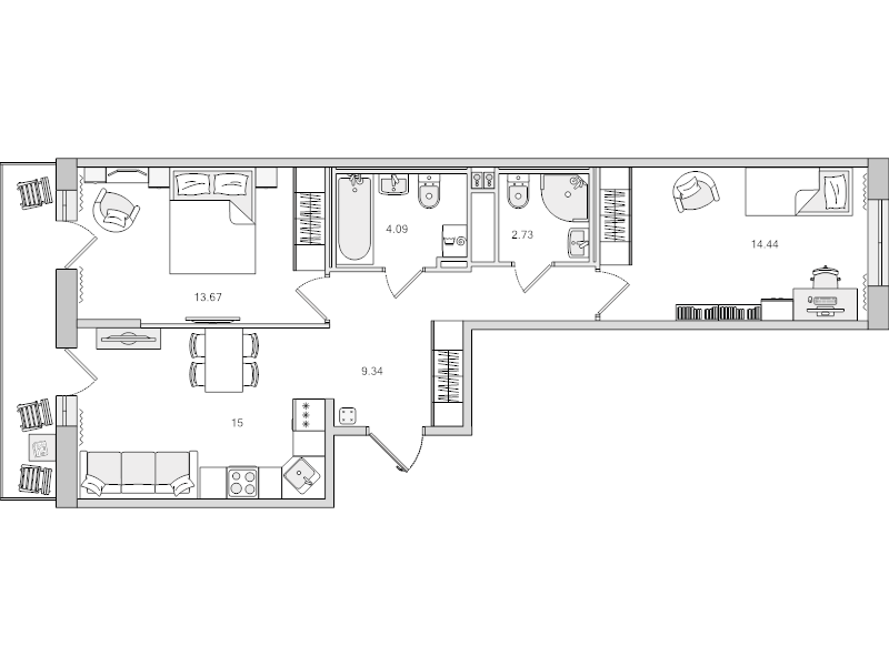 3-комнатная (Евро) квартира, 65.27 м² в ЖК "Город Первых" - планировка, фото №1