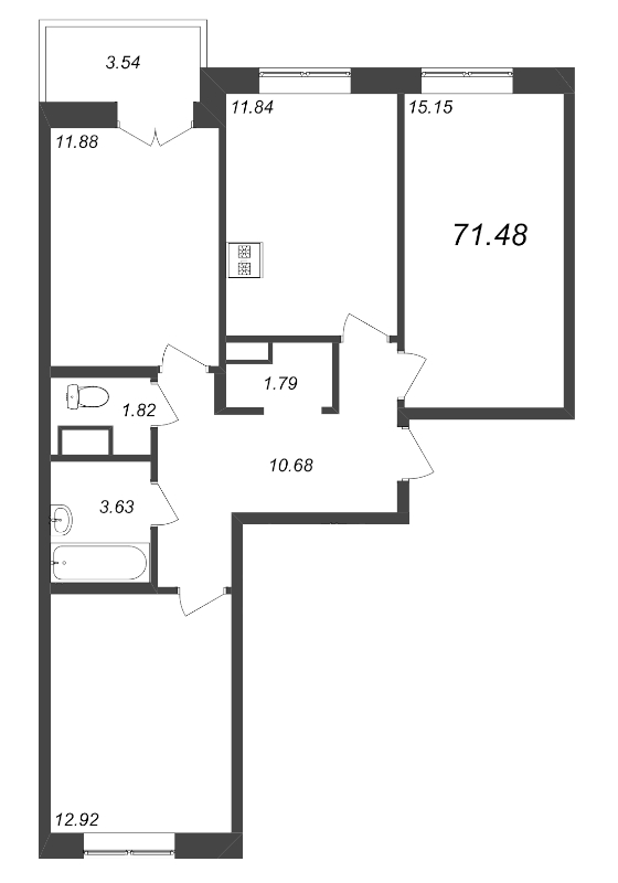 3-комнатная квартира, 71.48 м² - планировка, фото №1