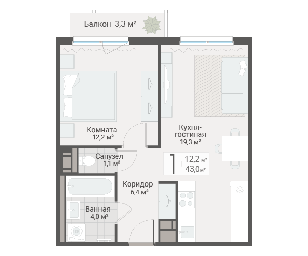 2-комнатная (Евро) квартира, 43 м² в ЖК "Руднева 15" - планировка, фото №1