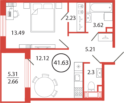 1-комнатная квартира, 41.63 м² - планировка, фото №1