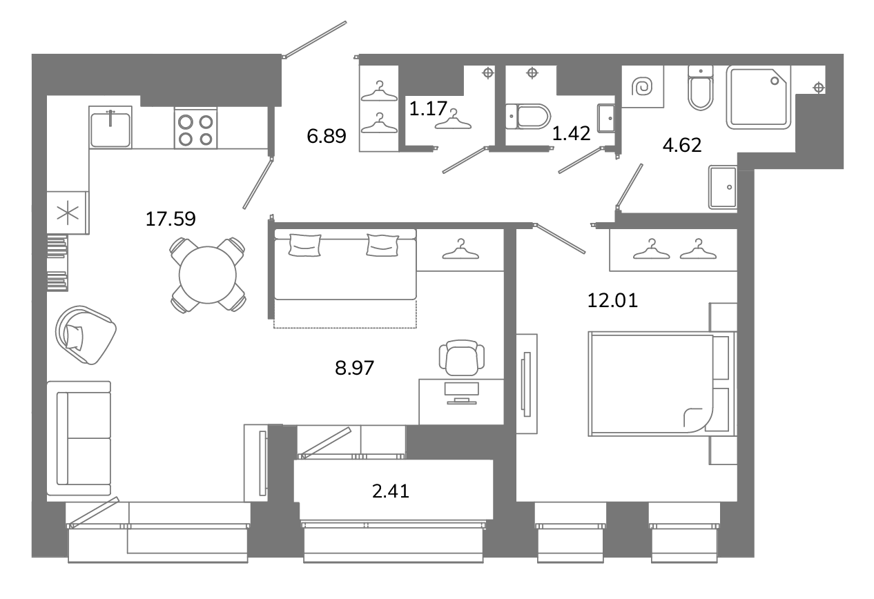 3-комнатная (Евро) квартира, 53.87 м² в ЖК "Твой космос" - планировка, фото №1