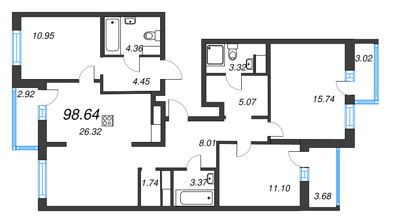 4-комнатная (Евро) квартира, 98.64 м² - планировка, фото №1
