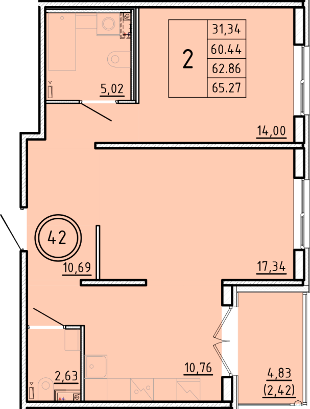2-комнатная квартира, 60.44 м² - планировка, фото №1