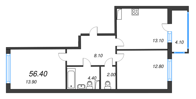 2-комнатная квартира, 56.4 м² в ЖК "Монография" - планировка, фото №1