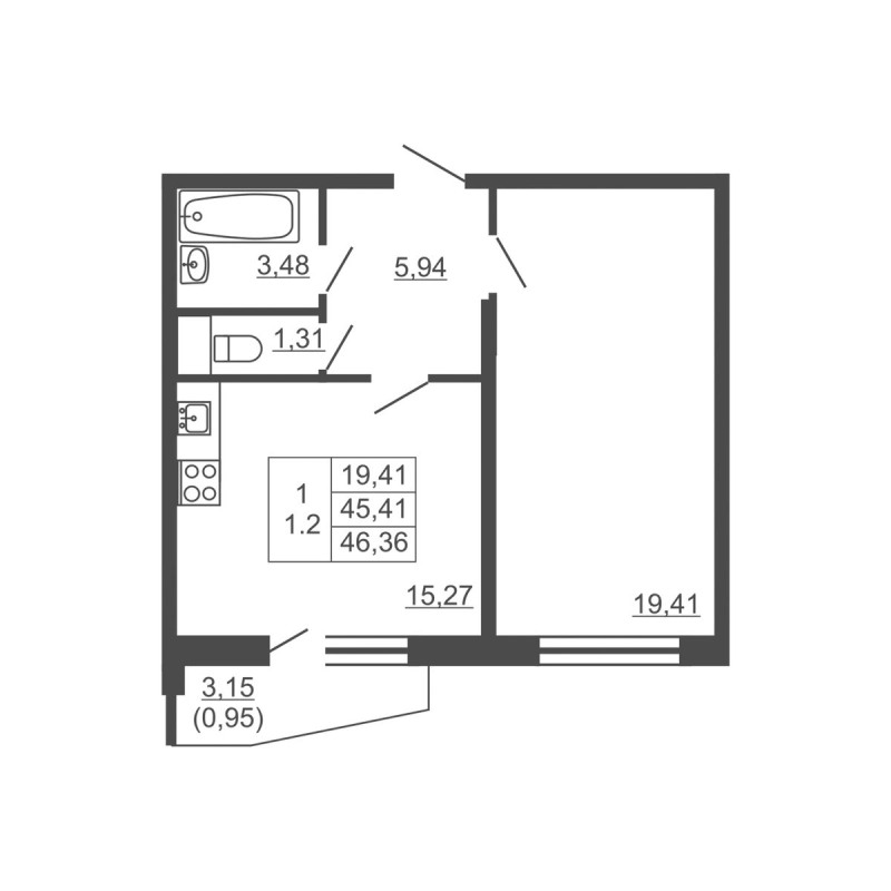 2-комнатная (Евро) квартира, 46.36 м² в ЖК "Тандем" - планировка, фото №1