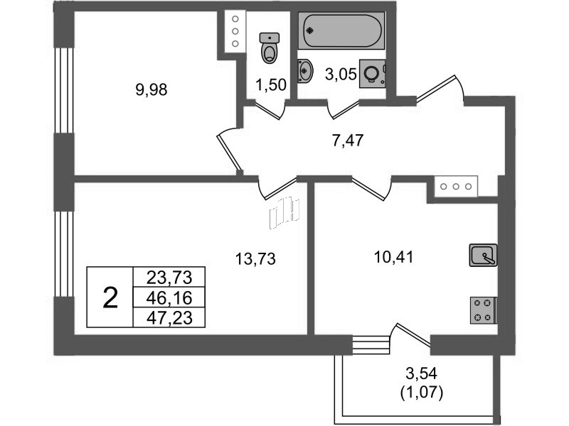 2-комнатная квартира, 47.41 м² в ЖК "Аквилон Янино" - планировка, фото №1