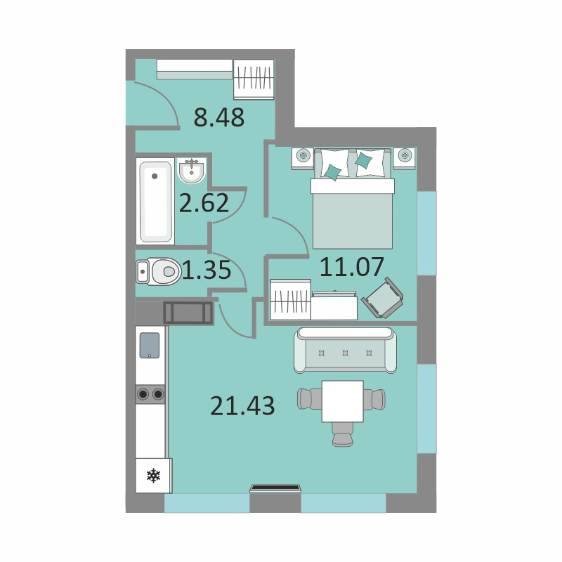 2-комнатная (Евро) квартира, 44.5 м² в ЖК "Начало" - планировка, фото №1