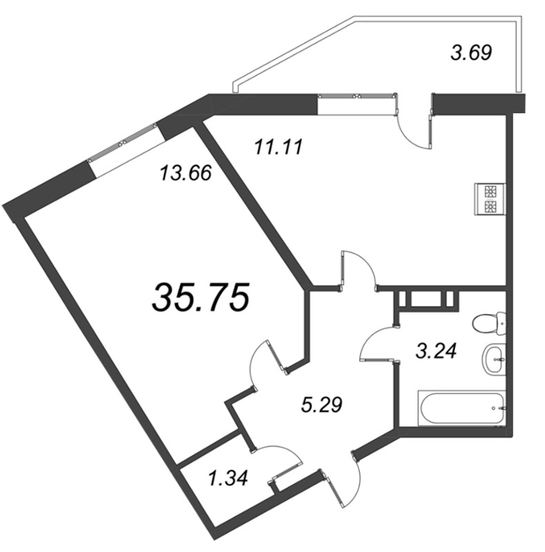 1-комнатная квартира, 35.75 м² в ЖК "Капральский" - планировка, фото №1