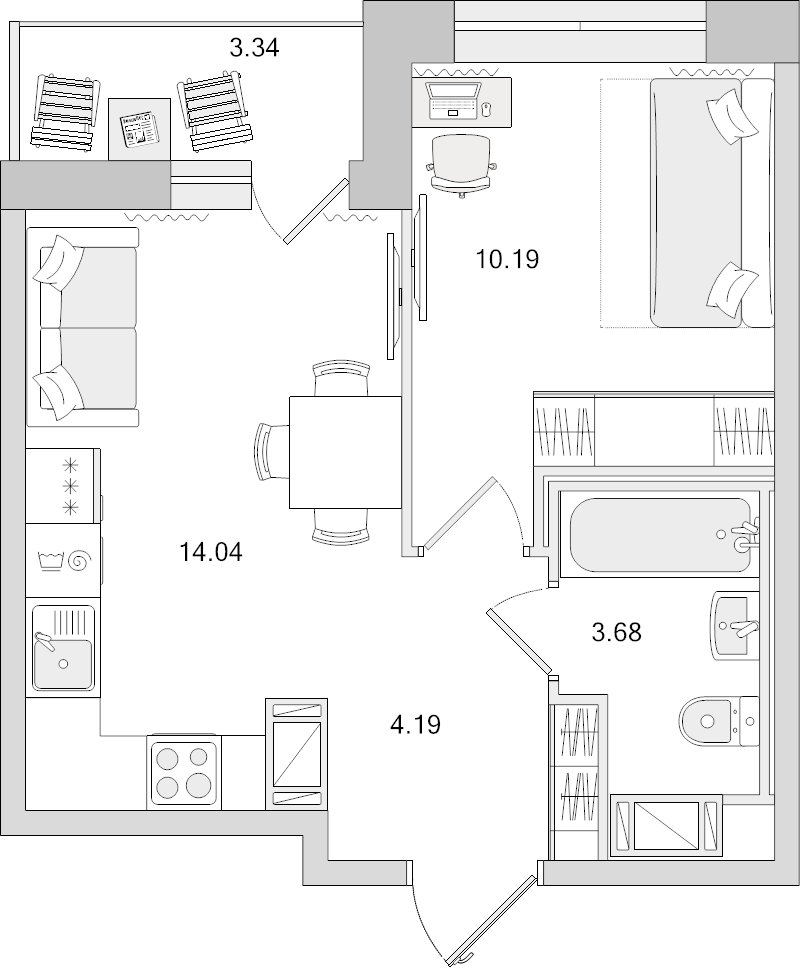 1-комнатная квартира, 35.44 м² - планировка, фото №1