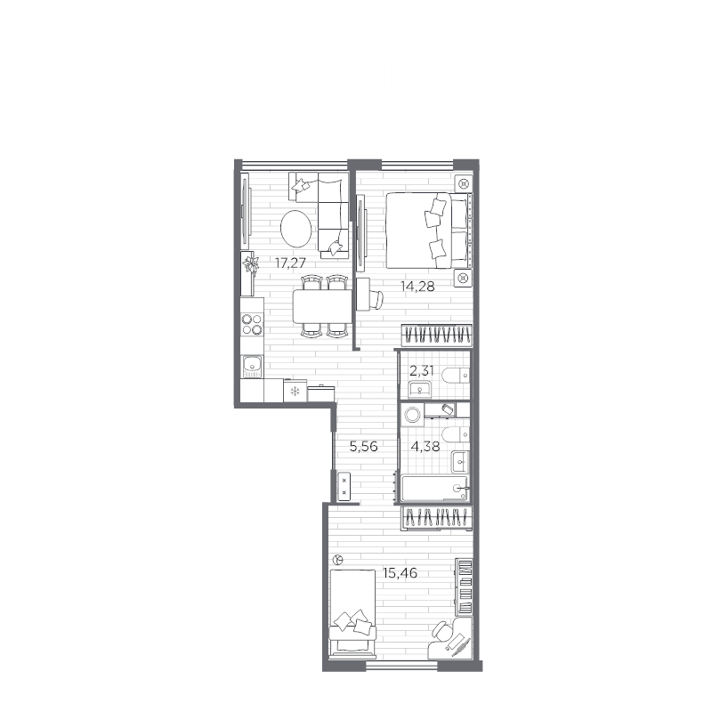 2-комнатная квартира, 59.26 м² в ЖК "PLUS Пулковский" - планировка, фото №1
