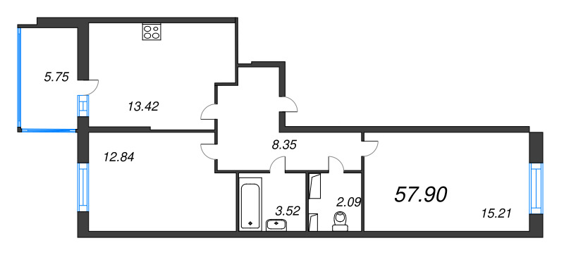 2-комнатная квартира, 57.9 м² в ЖК "Аквилон Stories" - планировка, фото №1