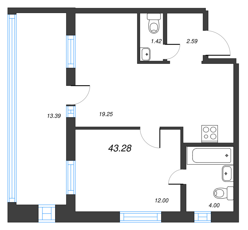 2-комнатная (Евро) квартира, 43.28 м² в ЖК "Старлайт" - планировка, фото №1