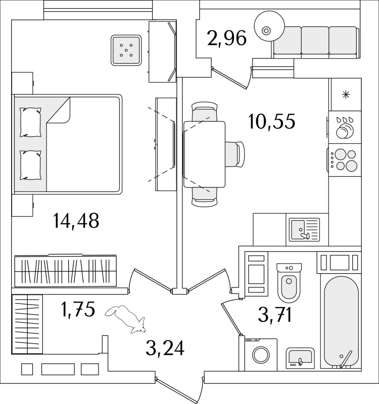 1-комнатная квартира, 35.21 м² в ЖК "Лайнеръ" - планировка, фото №1