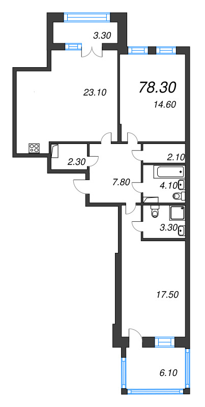 2-комнатная квартира, 78.3 м² - планировка, фото №1