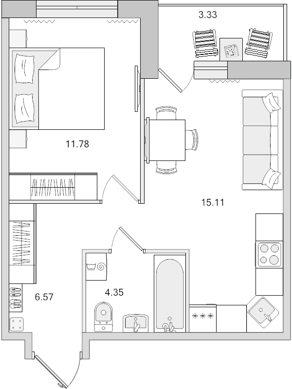 2-комнатная (Евро) квартира, 37.81 м² - планировка, фото №1