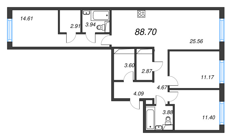 4-комнатная (Евро) квартира, 88.7 м² в ЖК "Legenda Васильевского" - планировка, фото №1