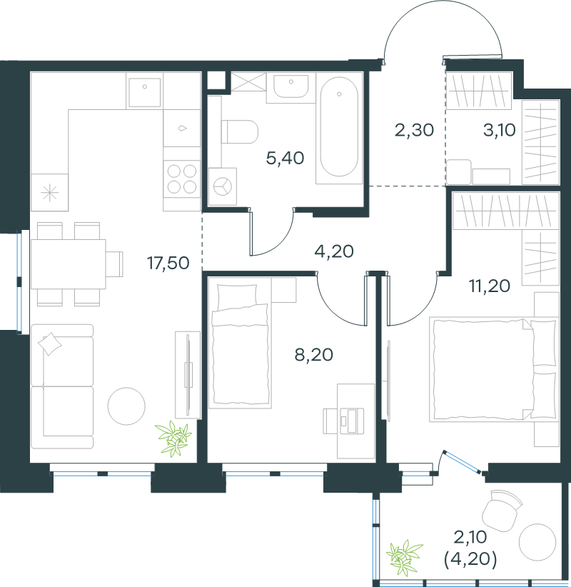 3-комнатная (Евро) квартира, 54 м² в ЖК "Левел Мечникова" - планировка, фото №1