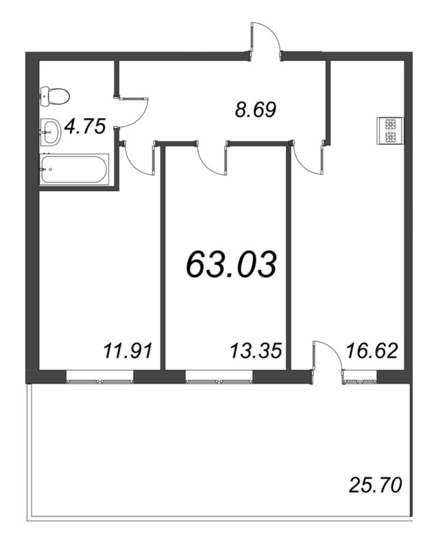 3-комнатная (Евро) квартира, 63.03 м² - планировка, фото №1