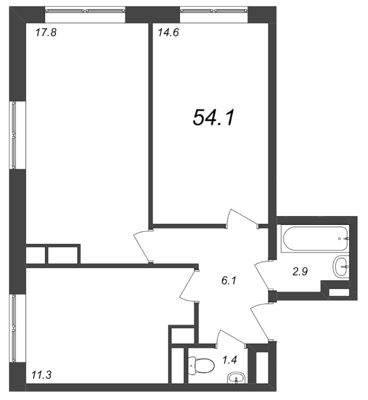 3-комнатная (Евро) квартира, 55.31 м² в ЖК "Zoom на Неве" - планировка, фото №1
