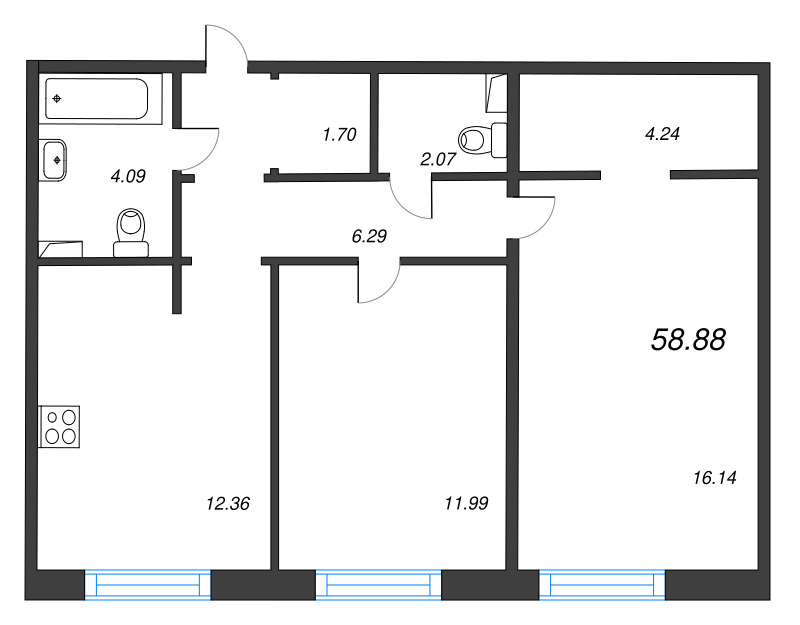 2-комнатная квартира, 58.88 м² в ЖК "Арт Парк" - планировка, фото №1