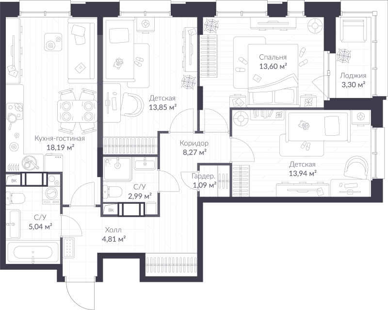 4-комнатная (Евро) квартира, 83.43 м² в ЖК "VEREN NORT сертолово" - планировка, фото №1
