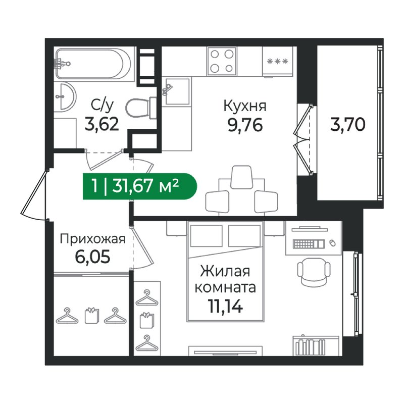 1-комнатная квартира, 31.67 м² в ЖК "Сертолово Парк" - планировка, фото №1