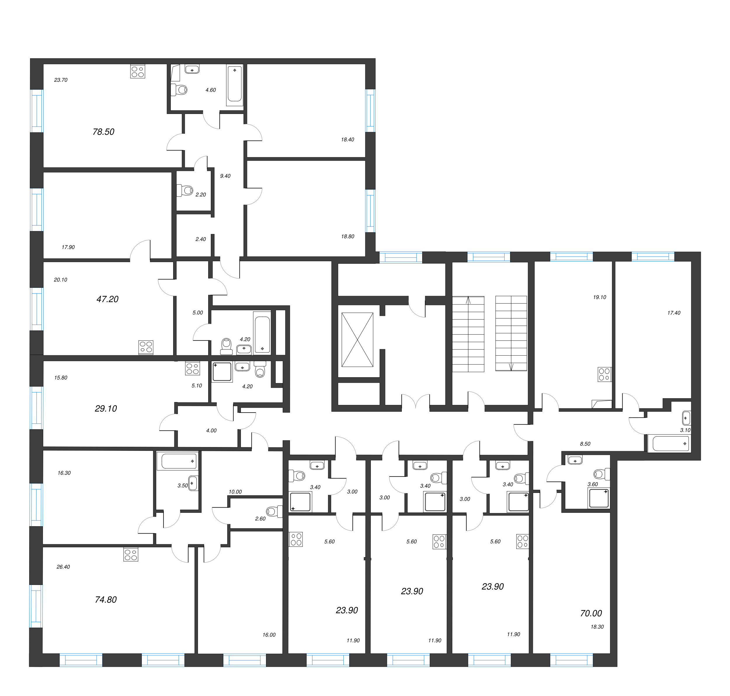 3-комнатная (Евро) квартира, 77.8 м² - планировка этажа