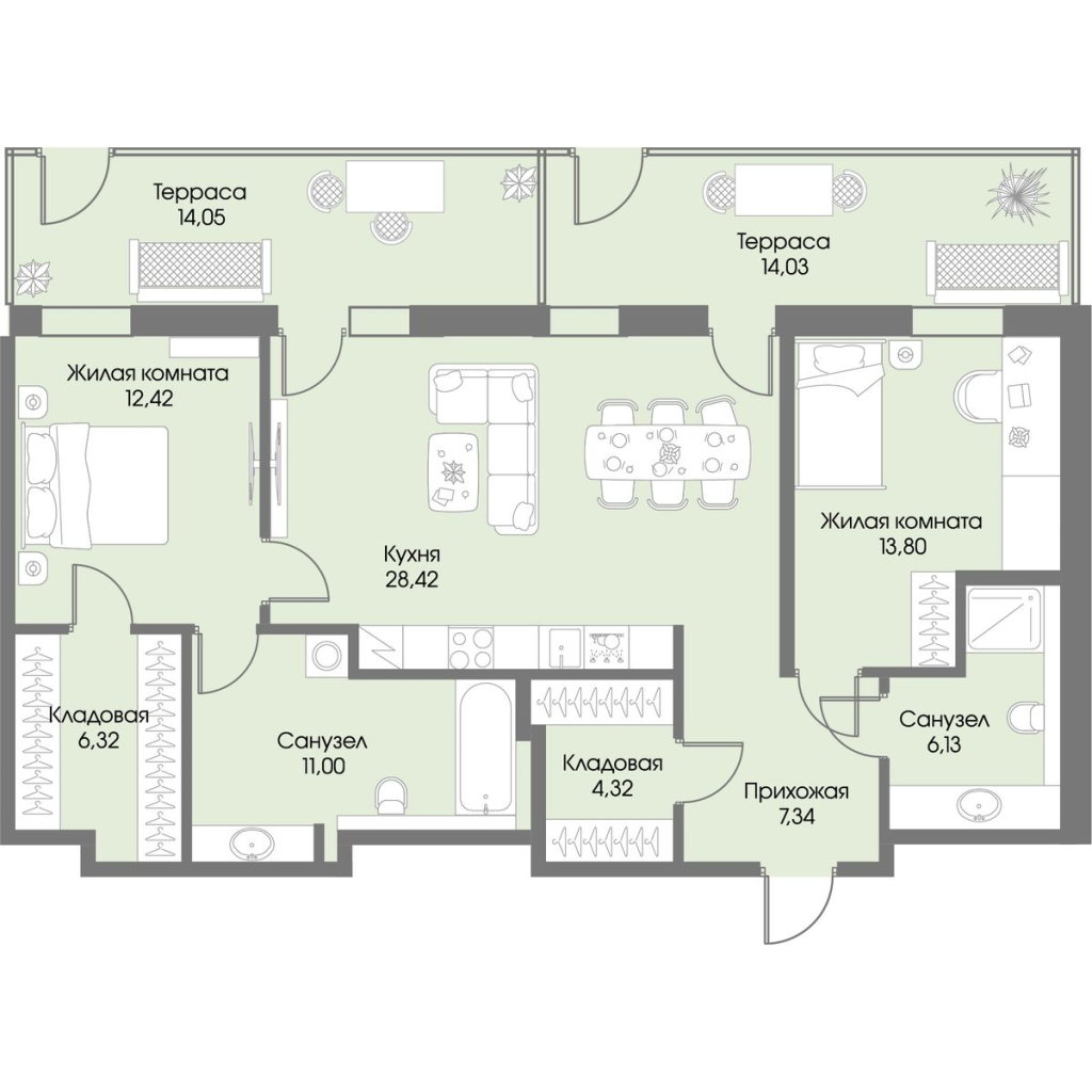 3-комнатная (Евро) квартира, 97.95 м² в ЖК "Рощино Residence" - планировка, фото №1