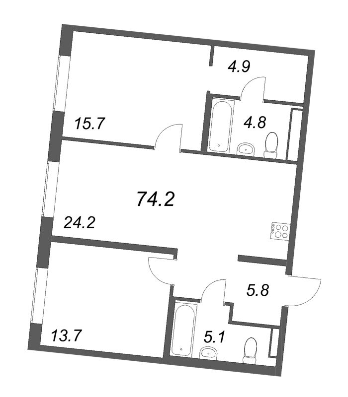 3-комнатная (Евро) квартира, 74.2 м² в ЖК "Визионер" - планировка, фото №1