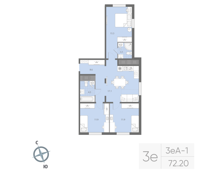 4-комнатная (Евро) квартира, 72.2 м² в ЖК "Дыбенко Парк" - планировка, фото №1