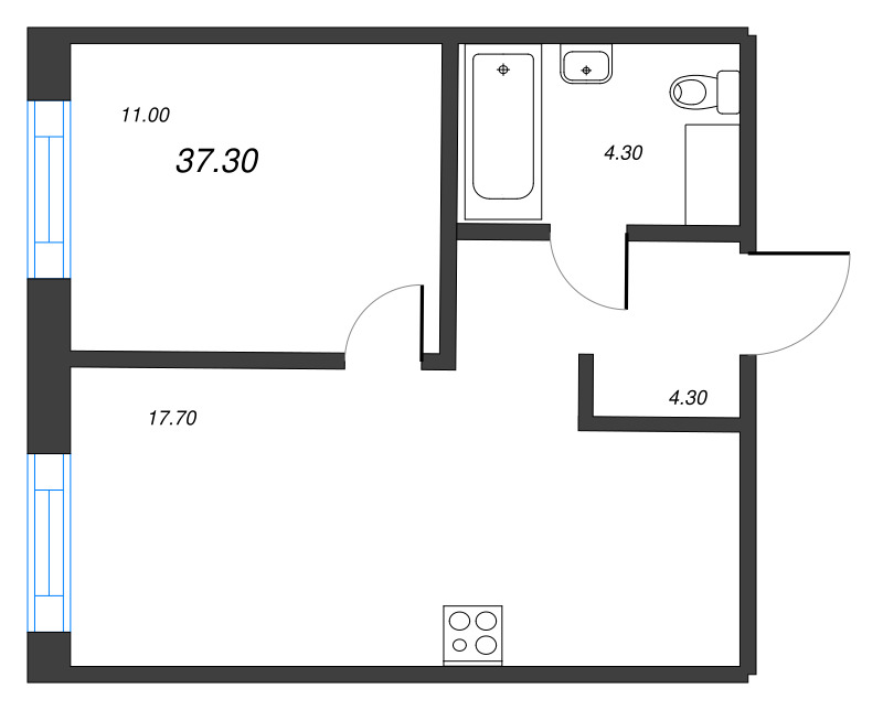 2-комнатная (Евро) квартира, 37.3 м² в ЖК "Парусная 1" - планировка, фото №1
