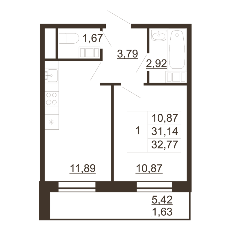 1-комнатная квартира, 32.77 м² в ЖК "Перспектива" - планировка, фото №1