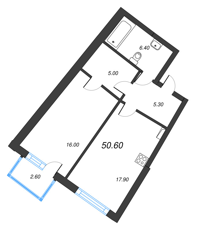 2-комнатная (Евро) квартира, 50.6 м² в ЖК "Цвет Зеленогорска" - планировка, фото №1