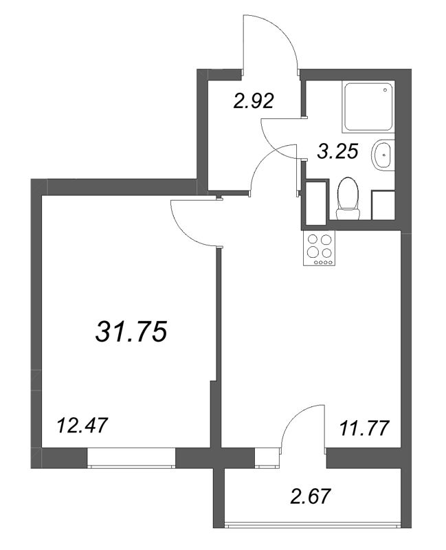 1-комнатная квартира, 31.75 м² в ЖК "Кинопарк" - планировка, фото №1