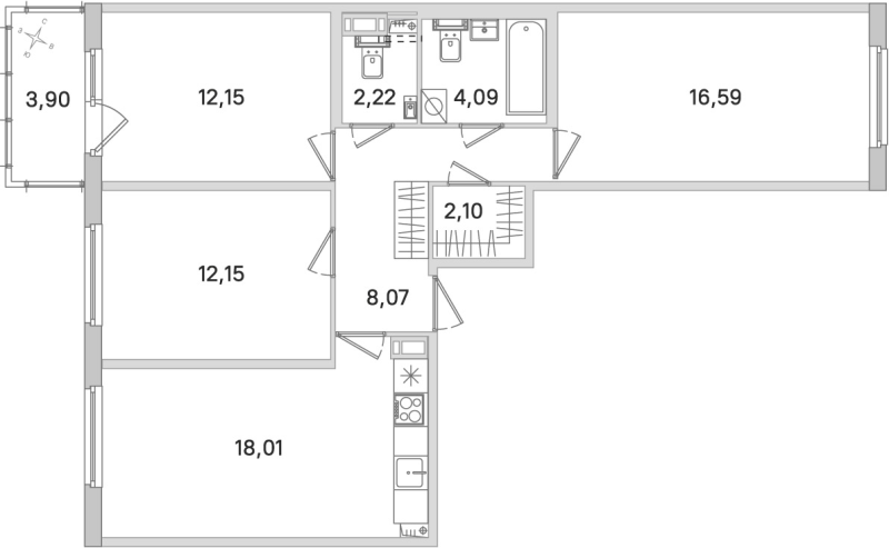 4-комнатная (Евро) квартира, 75.38 м² в ЖК "Любоград" - планировка, фото №1